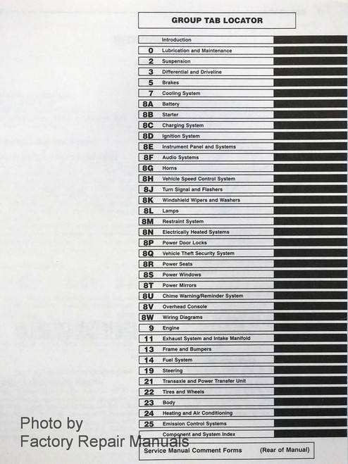 1998 Service Manual Town & Country, Caravan and Voyager Table of Contents