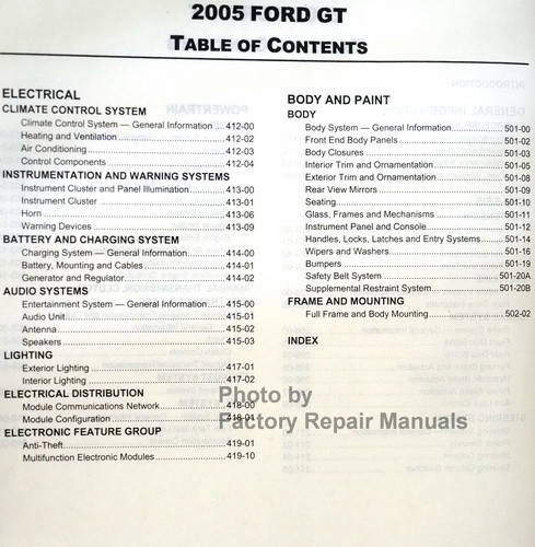2005 Ford GT Workshop Manual Table of Contents 2