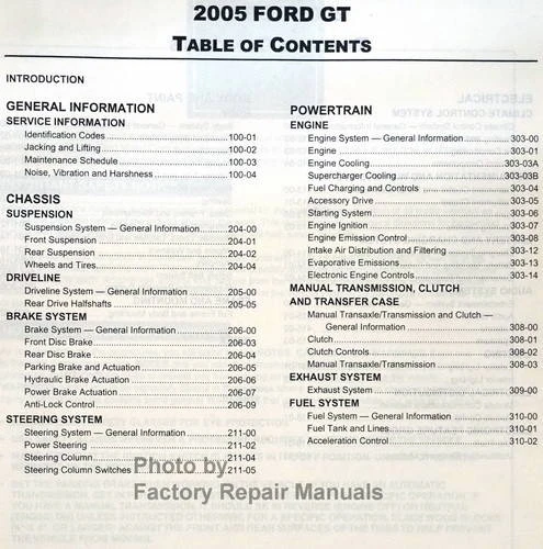 2005 Ford GT Workshop Manual Table of Contents 1