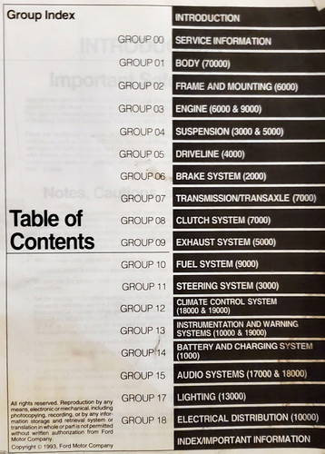 Ford Mustang 1994 Service Manual Table of Contents