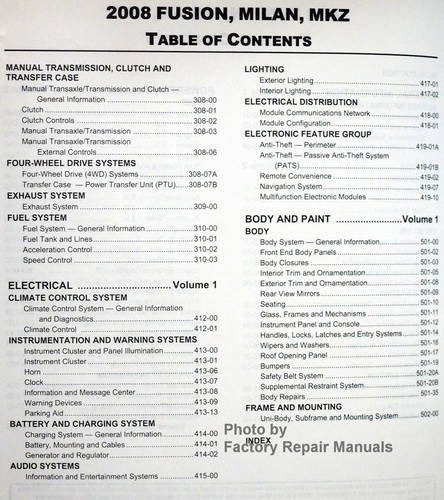 2008 Fusion, Milan, MKZ Service Manual Table of Contents 2