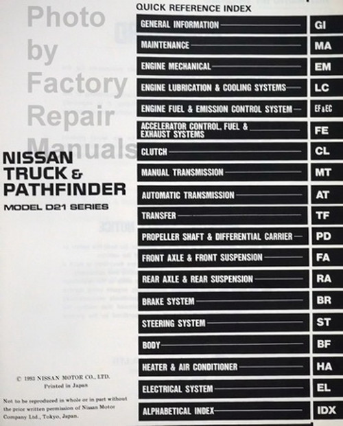 Nissan Truck & Pathfinder Model D21 Series Service Manual Table of Contents