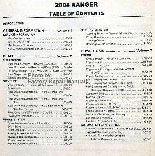 Ford 2008 Ranger Workshop Manual Table of Contents 2
