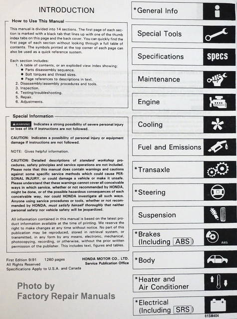 1992 Honda Accord Service Manual Table of Contents