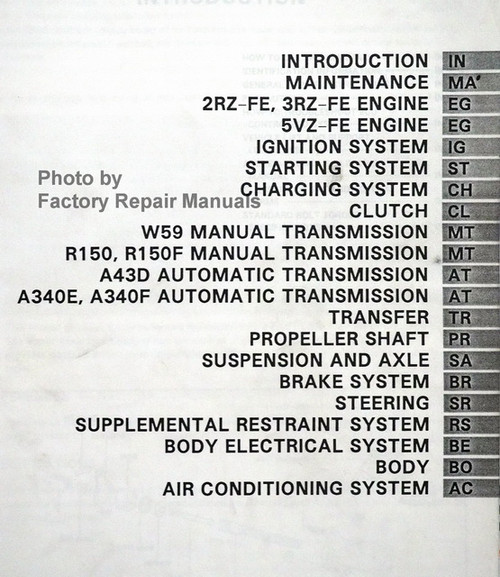 1996 Toyota Tacoma Repair Manual Table of Contents