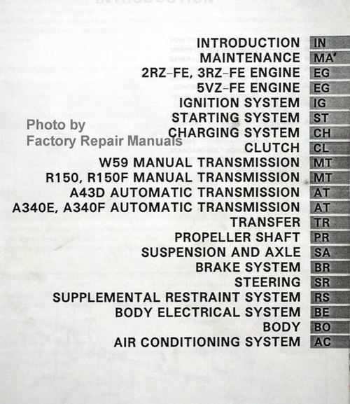 1996 Toyota Tacoma Repair Manual Table of Contents