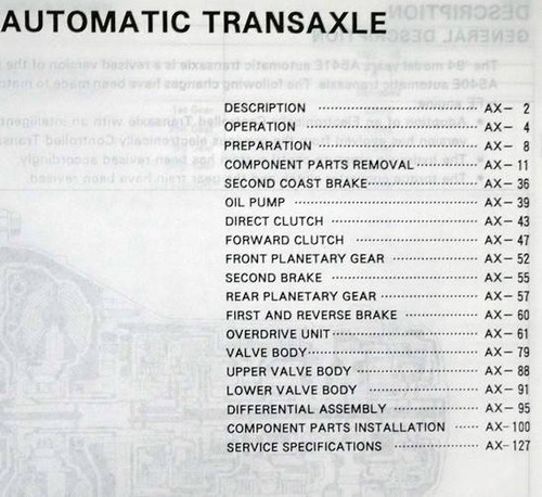 Toyota A541EAutomatic Transaxle Repair Manual Table of Contents