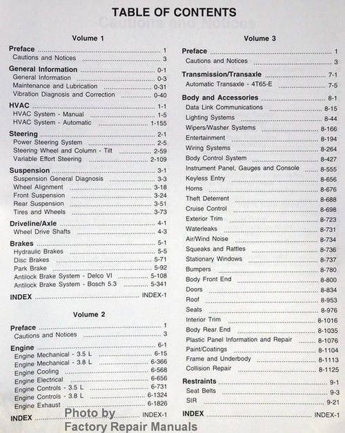 1999 Oldsmobile Intrigue Service Manual Table of Contents