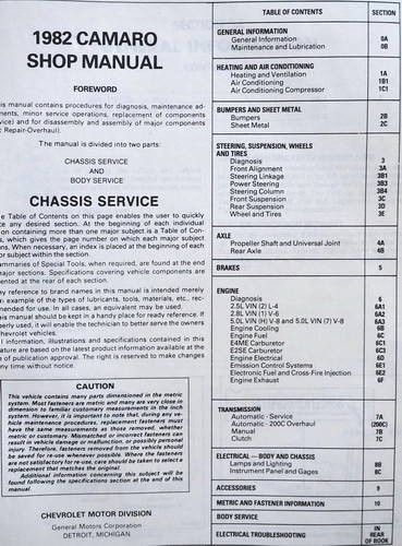 1982 Chevrolet Camaro Shop Manual Table of Contents