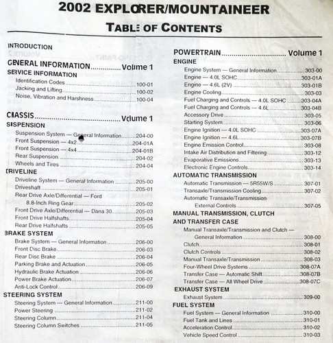 2002 Ford Explorer Mercury Mountaineer Workshop Manual Volume 1 and 2