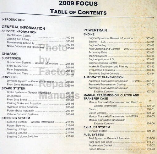 2009 Ford Focus Workshop Manual Table of Contents 1