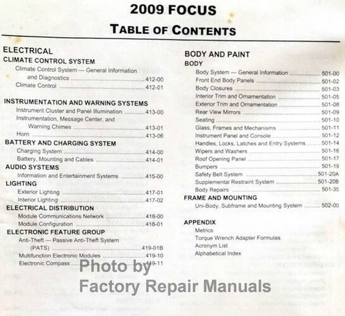 2009 Ford Focus Workshop Manual Table of Contents 2
