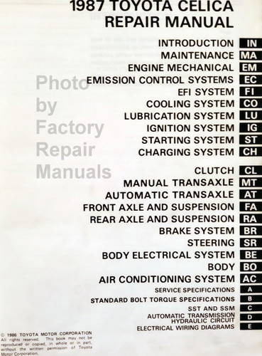 1986 Toyota Celica Repair Manual Table of Contents