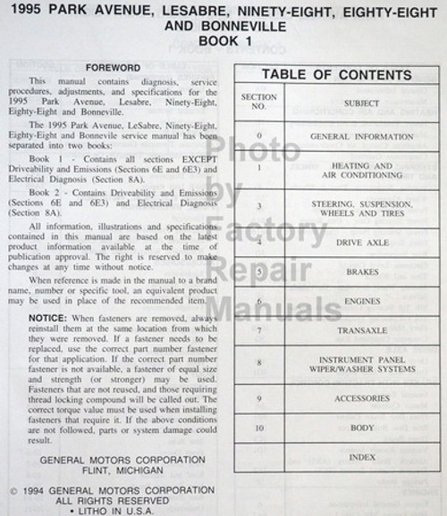 1995 GM Service Manual Bonneville, Park Avenue, Le Sabre, 88, 98 Regency Table of Contents 1