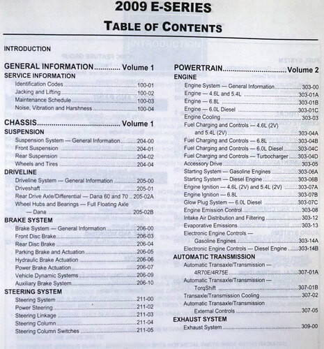 Ford 2009 E-Series Workshop Manual Table of Contents 1