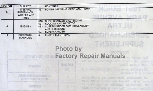 1991 Buick Park Avenue Ultra 3.8L Engine Service Manual Supplement Table of Contents