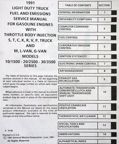 1991 GMC Light Duty Truck Fuel & Emissions Service Manual Table of Contents