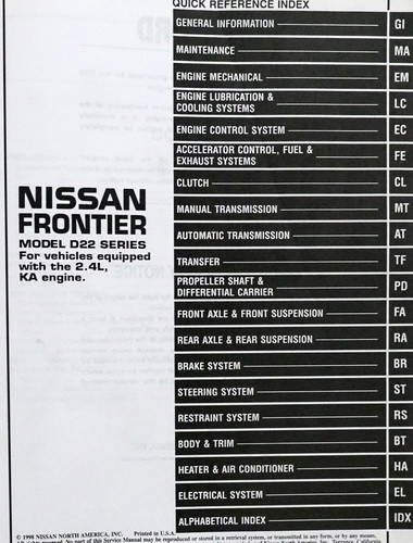 1999 Nissan Frontier 2.4L Service Manual Table of Contents