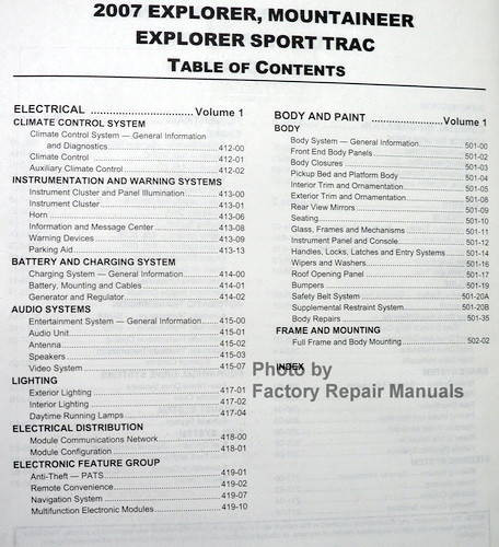 2007 Explorer, Sport Trac, Mercury Mountaineer Workshop Manual Table of Contents 2