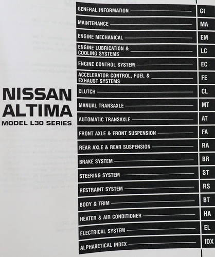 1998 Nissan Altima Service Manual Table of Contents