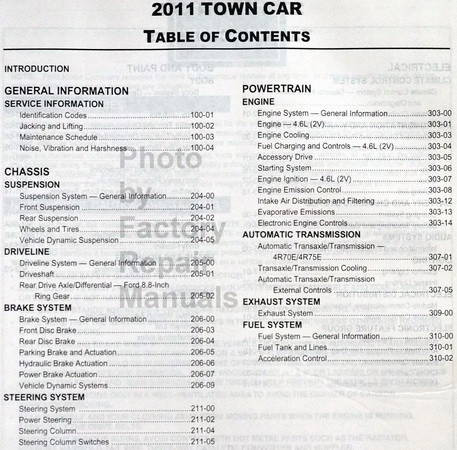 Lincoln 2011 Town Car Workshop Manual Table of Contents 1
