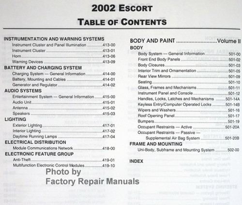 2002 Workshop Manual Ford Escort Table of Contents 2