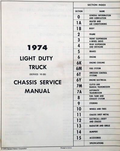 1974 Chevrolet Light Duty Truck Service Manual Table of Contents