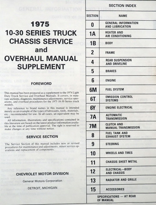 1975 Chevrolet Light Duty Truck Service and Overhaul Manual Supplement Table of Contents