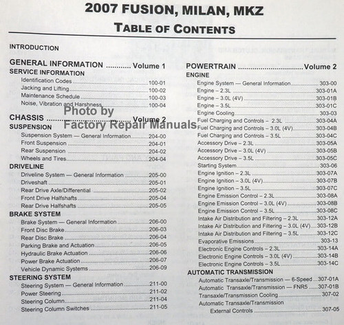 2007 Fusion, Milan, MKZ Workshop Manual Table of Contents 1