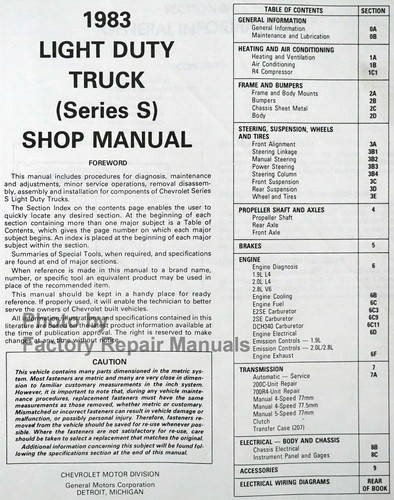 1983 Chevy S10 Truck S10 Blazer Shop Manual Table of Contents