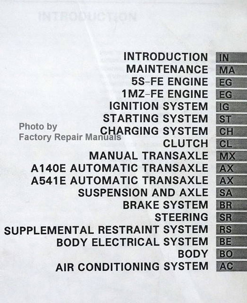1996 Toyota Camry Repair Manual Table of Contents