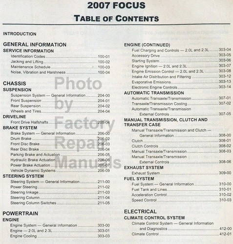 2007 Ford Focus Workshop Manual Table of Contents 1