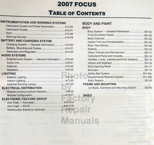 2007 Ford Focus Workshop Manual Table of Contents 2