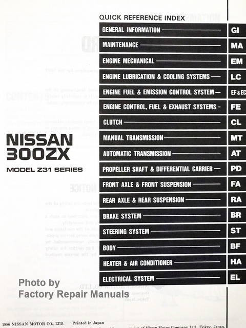 Nissan 300ZX 1987 Service Manual Table of Contents