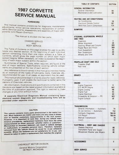 1987 Corvette Service Manual Table of Contents