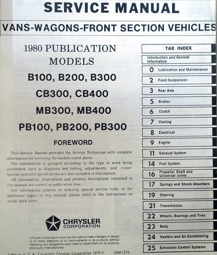 1980 Dodge Van Sportsman Plymouth Voyager Service Manual Table of Contents