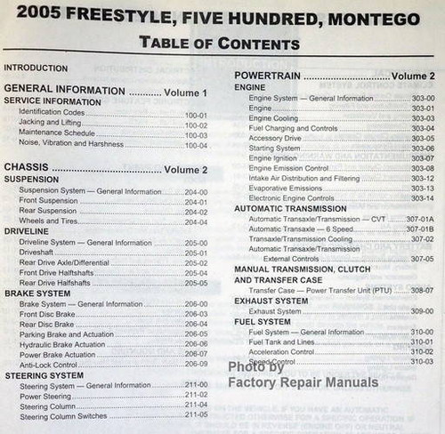 2005 Freestyle, Five Hundred, Montego Service Manual Table of Contents 1