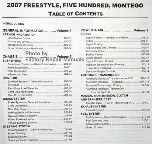 2007 Freestyle, Five Hundred, Monterey Workshop Manual Table of Contents 1