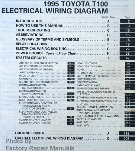 1995 Toyota T100 Electrical Wiring Diagrams Table of Contents