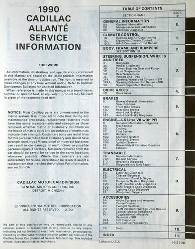 1990 Cadillac Allante Factory Service Manual Table of Contents