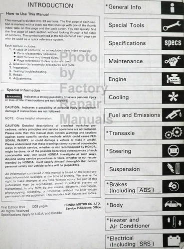 Honda Accord 1993 Service Manual Table of Contents
