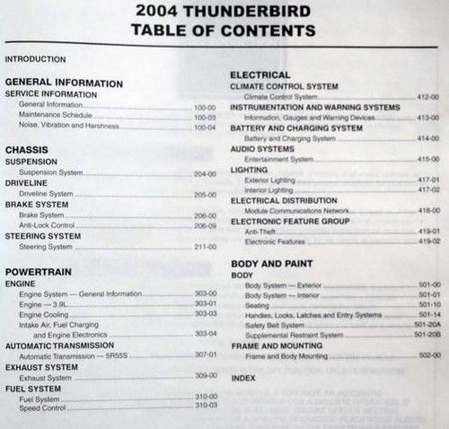 2004 Ford Thunderbird Workshop Manual Table of Contents