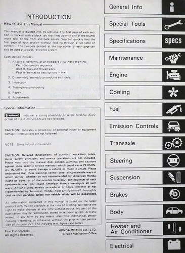 1985 Honda Accord Factory Service Manual Table of Contents