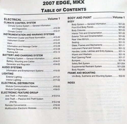 Ford Lincoln 2007 Edge, MKX Workshop Manual Table of Contents 2