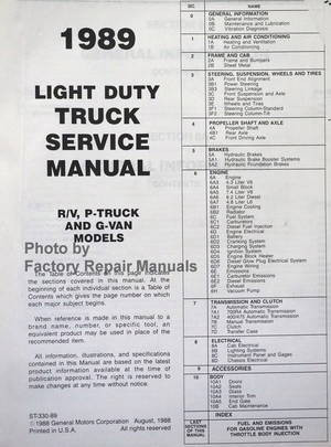 1989 Chevy R V G P Light Duty Truck Table of Contents