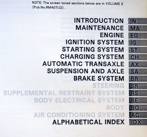 1995 Lexus ES 300 Repair Manual Table of Contents 1
