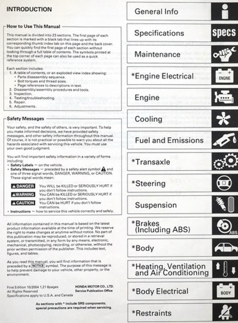 Honda 2002-2005 Civic Service Manual Hatchback Table of Contents
