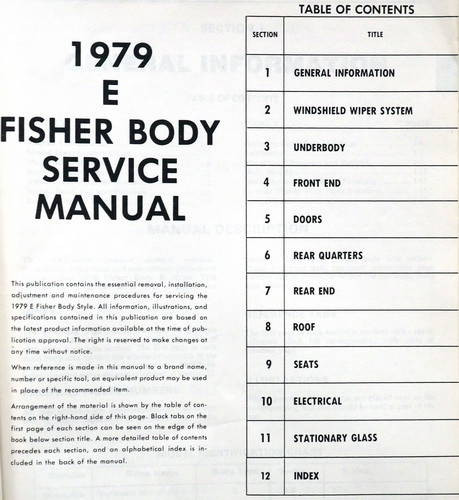 1979 Buick Riviera Cadillac Eldorado Olds Toronado Fisher Body Service Manual Table of Contents