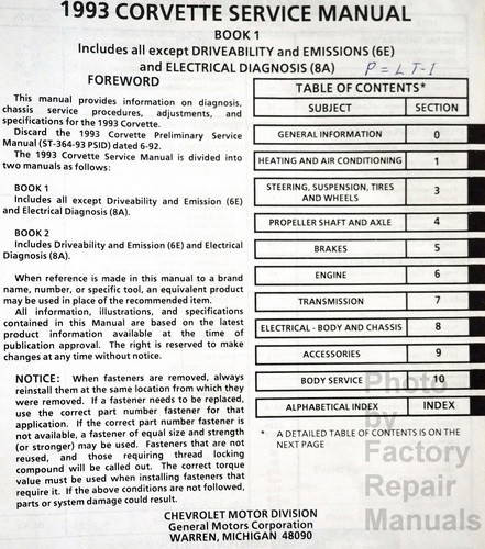 1993 Chevy Corvette Service Manual Book 1 Table of Contents