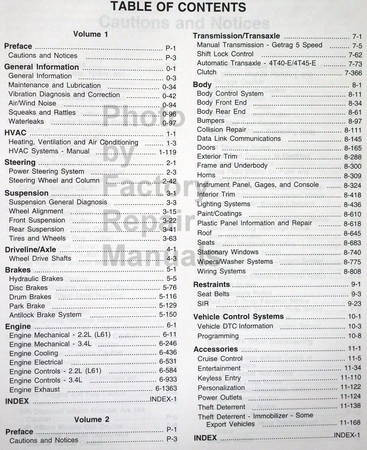 Pontiac Grand Am Oldsmobile Alero Service Manuals Table of Contents